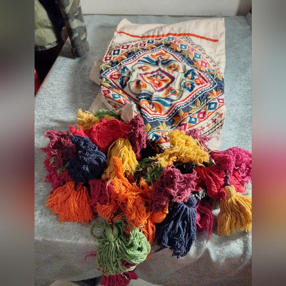 Pier 1 Multicolor Embroidered India Tassel Table Runner